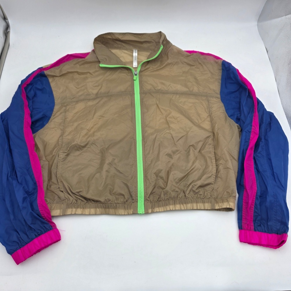 Fabletics Women L Windbreaker Jacket Colorblock Cropped Ripstop Neon Green Zip